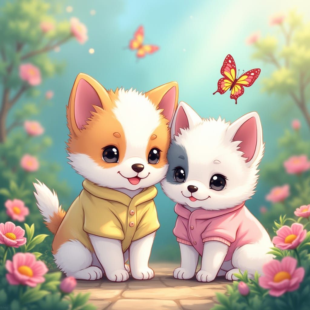 Papillon Puppies with Butterflies in Anime Style