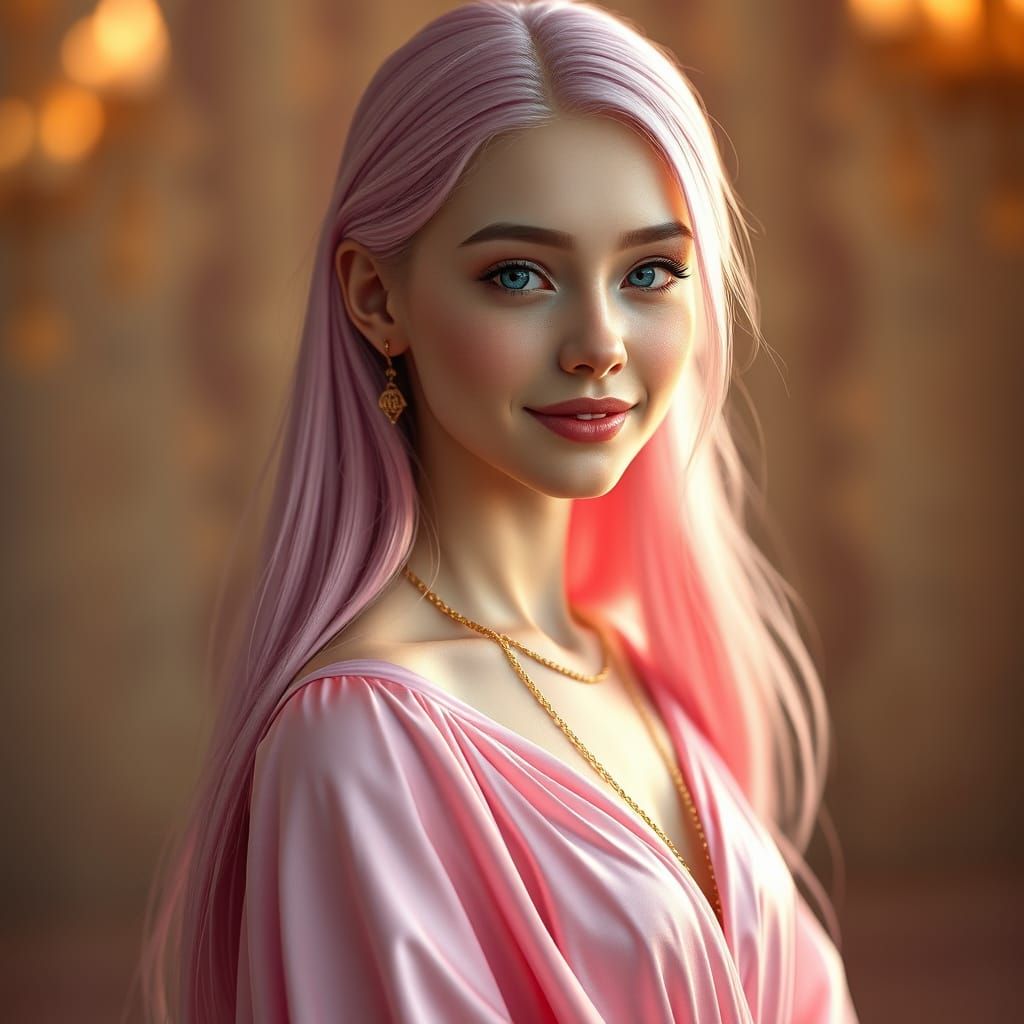 Elegant Woman in Flowing Pink Dress with Golden Jewelry
