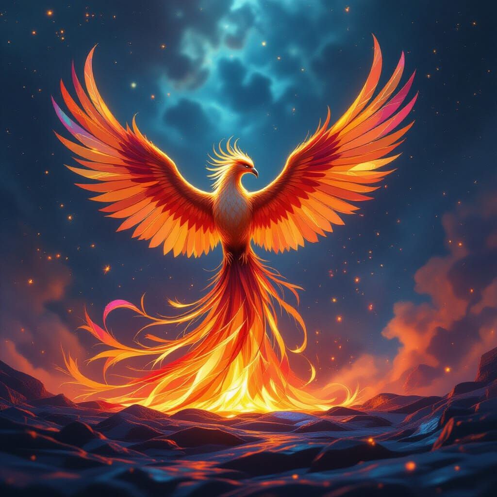 Majestic Phoenix Rises From Molten Glass in Cosmic Nebula