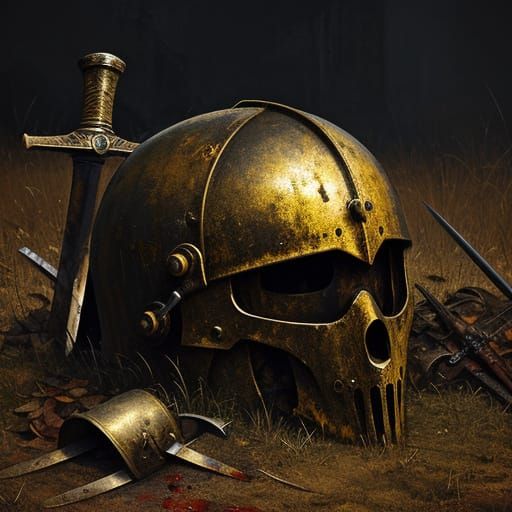 Abandoned Helmet on Battlefield in Grimy Oil Painting Style
