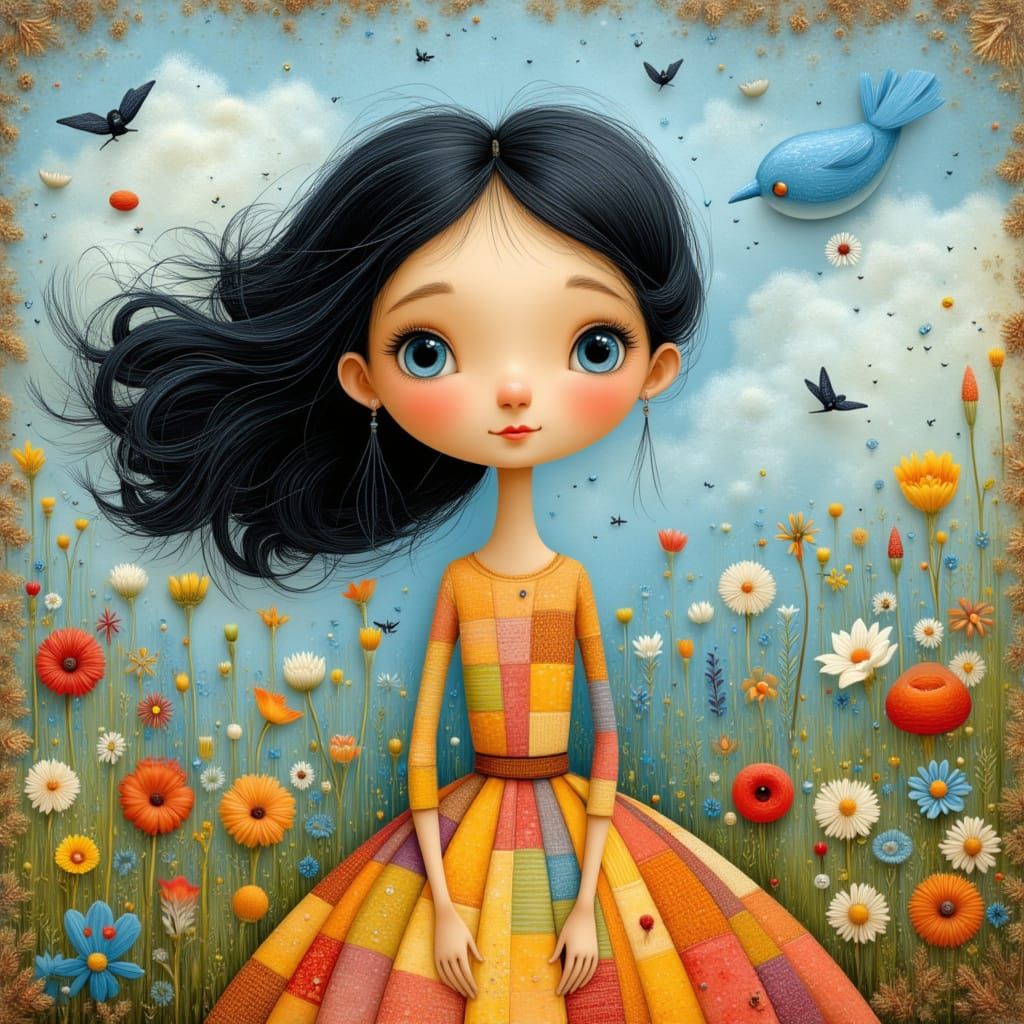 modern fairytale painted on aged paper: exaggerated whimsica...