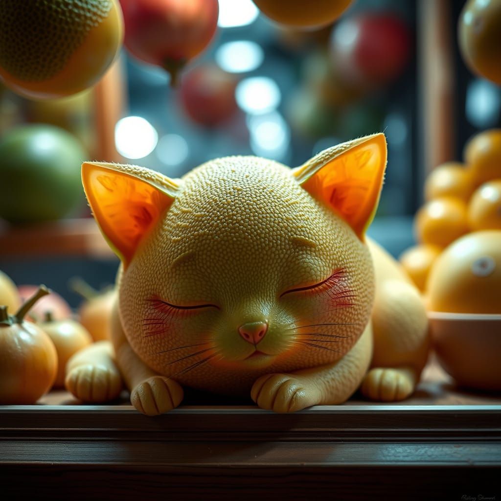 Whimsical Honeydew Kitten in Fruit Seller Shop