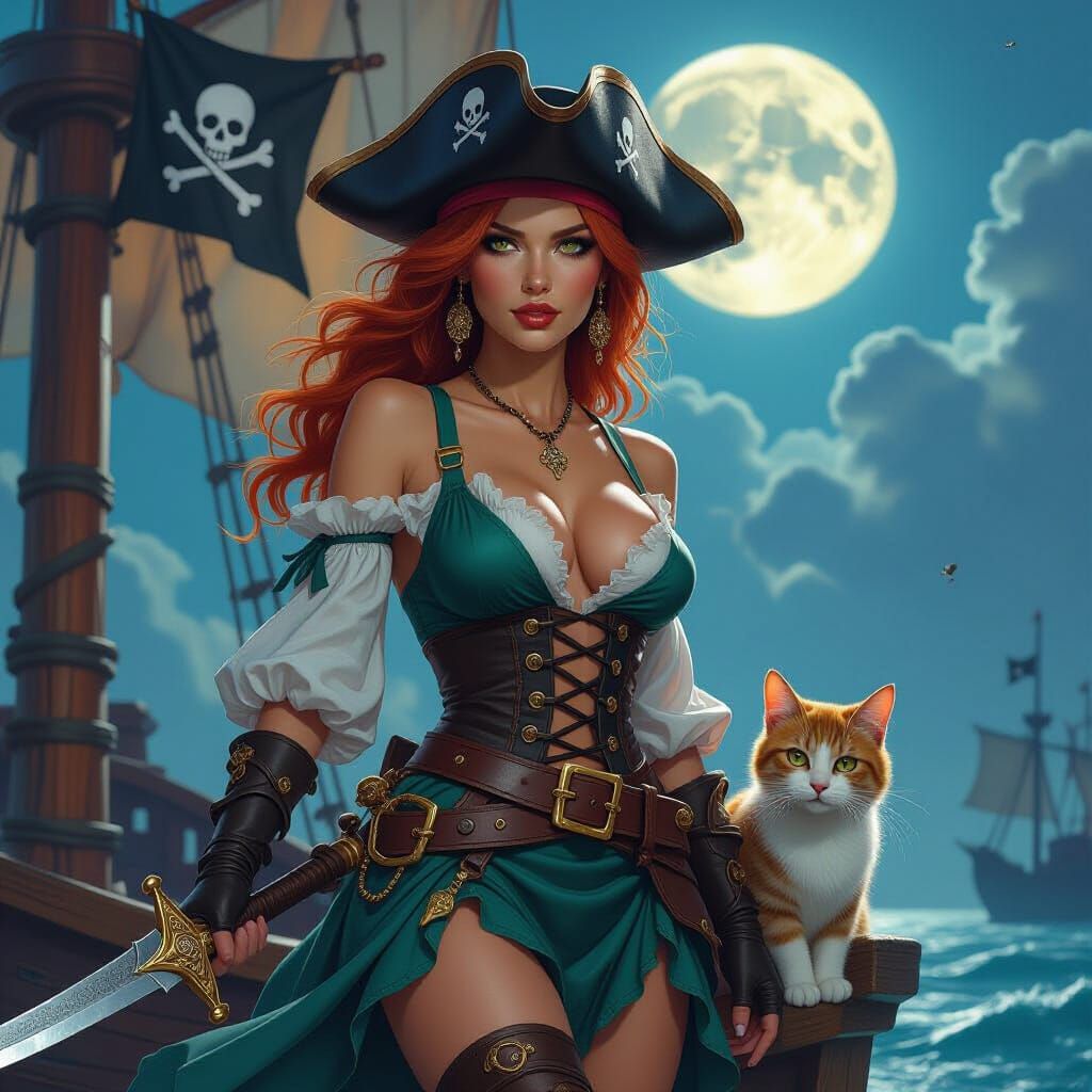 Ginger Pirate Captain and Cat on Flying Ship
