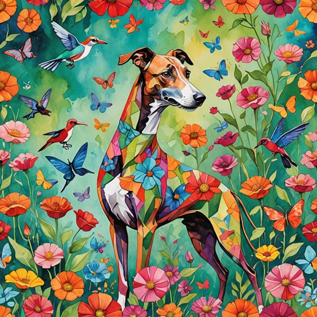 Greyhound in a Pop Art Watercolour Garden