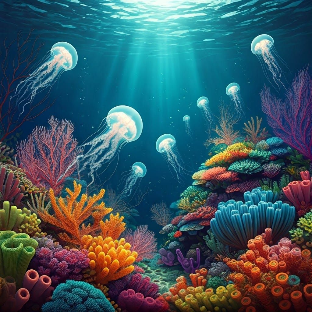 Luminous Coral Reef with Jellyfish, Surrealist Dreamscape