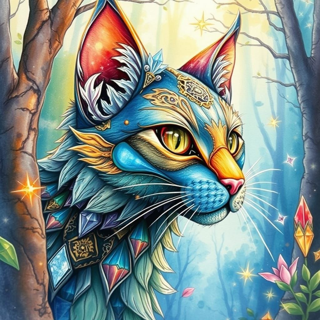 Art Nouveau Fantasy Cat Creature in Mystical Forest