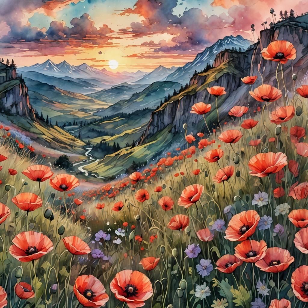 Watercolor Poppies in a Mountain Sunrise