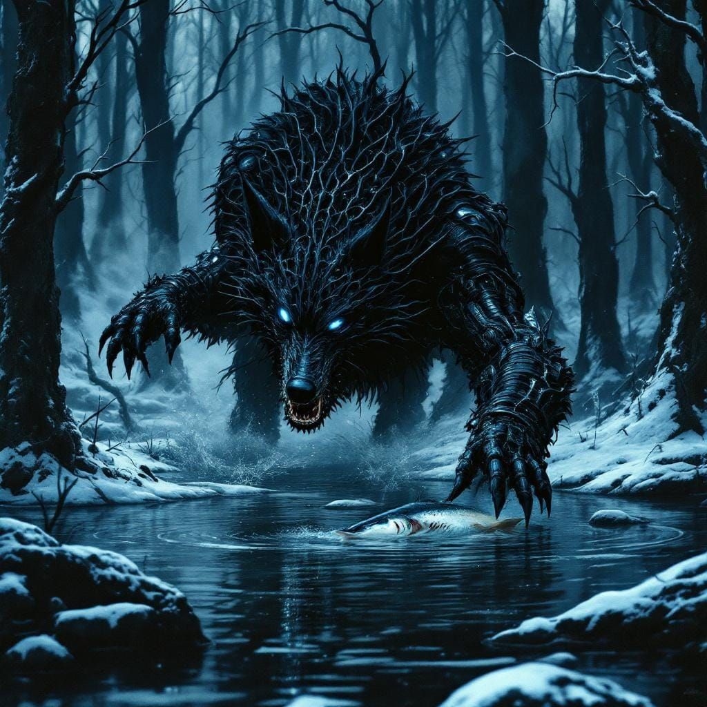 Black Wolf Hunting in Icy Lake, in Biomechanical Style
