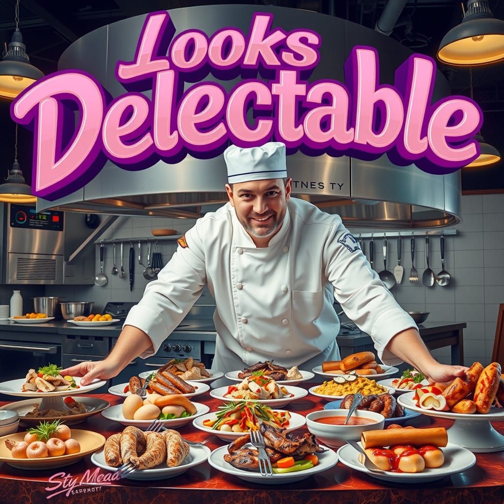 Large 3D bold pink fancy ornate script font with a heavy dark pink outline and drop shadow, reading "Looks Delectable" i...