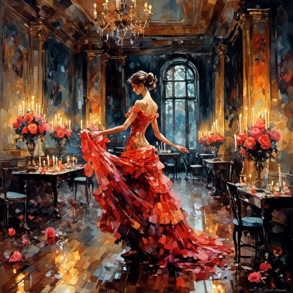 Woman Dancing in Candlelight: Art Deco Gouache Painting