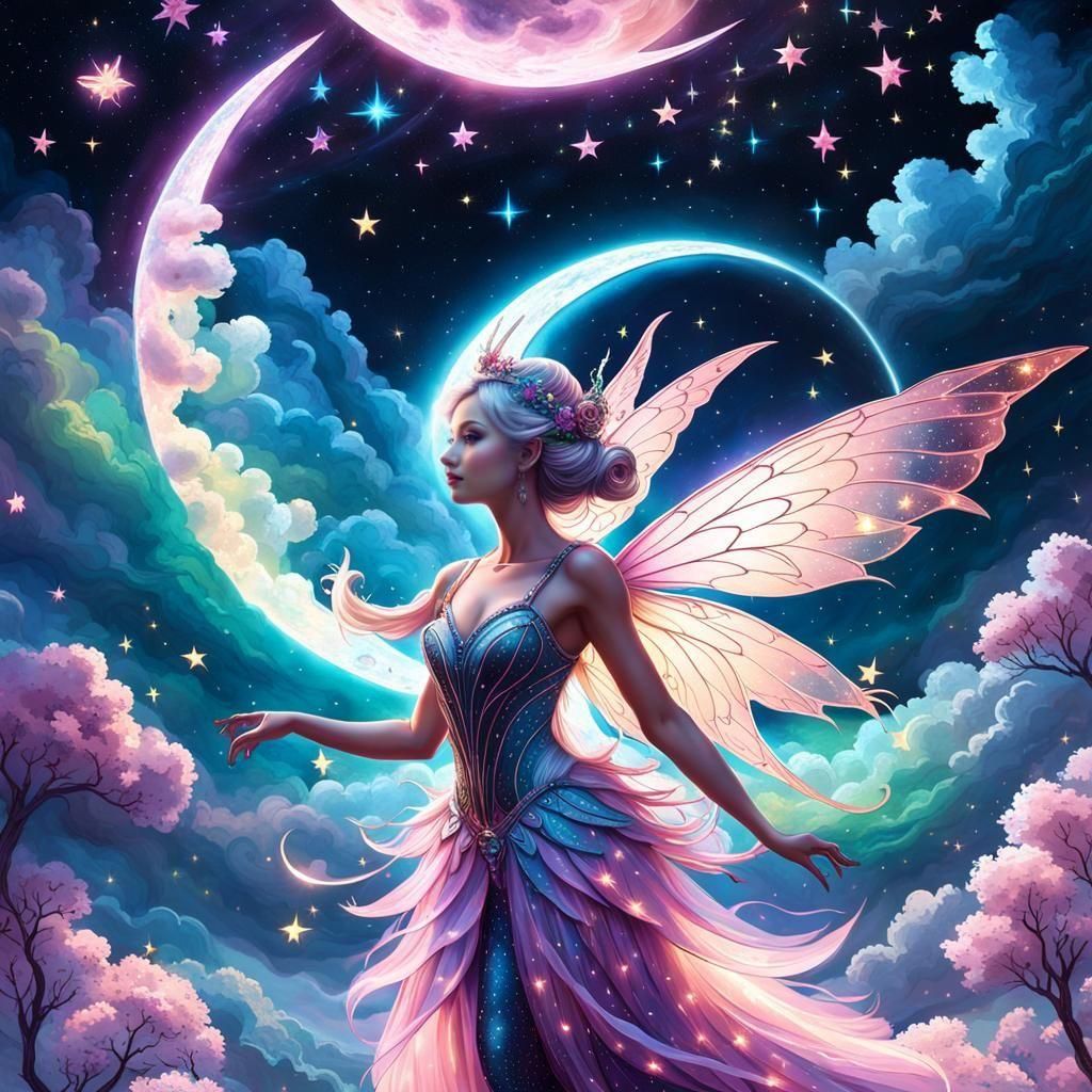 Whimsical Star Fairy on Moonlit Clouds