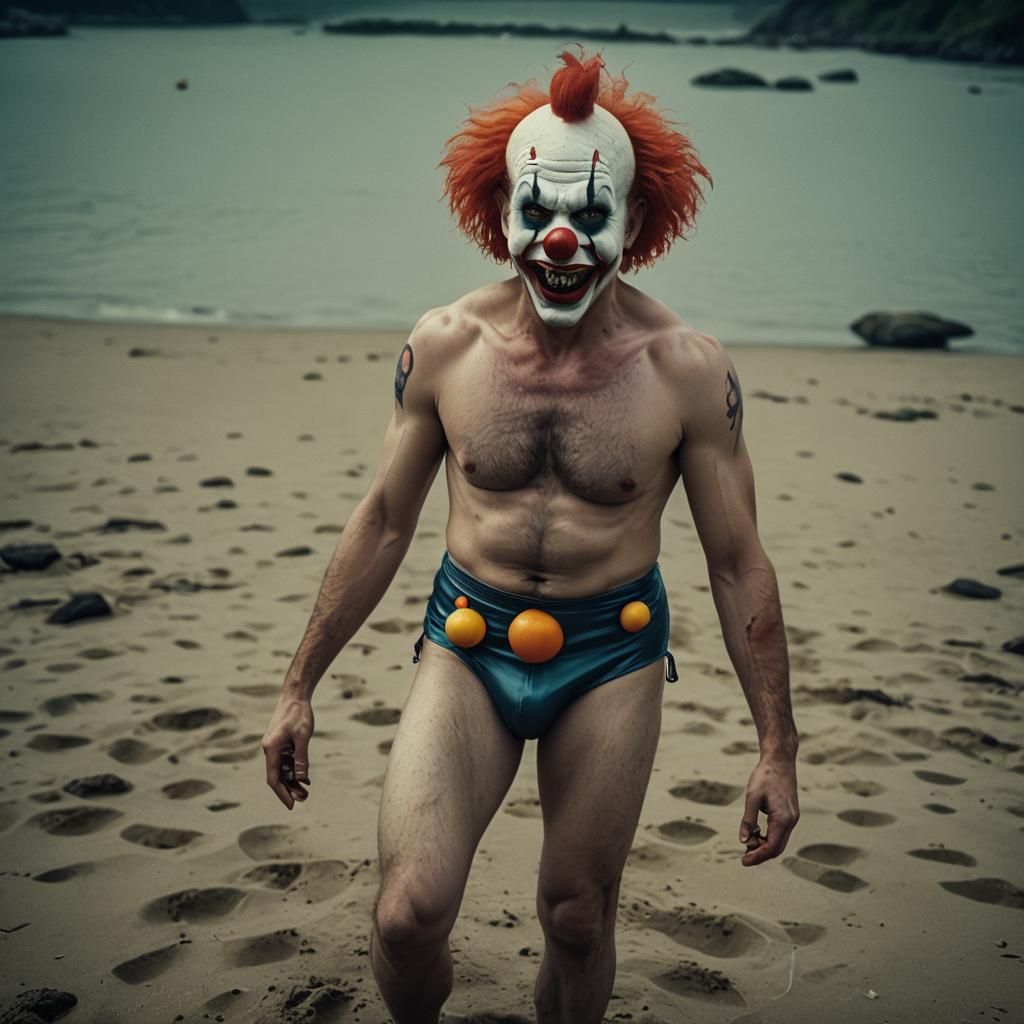 Horrifying Clown in Speedo: Photorealistic Cinematic Still