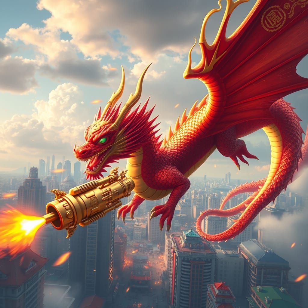Celestial Fire Dragon Blesses City with Golden Minigun
