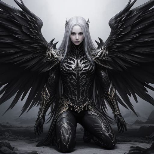 Fallen Angel in Bioluminescent Armor with Gold Wings