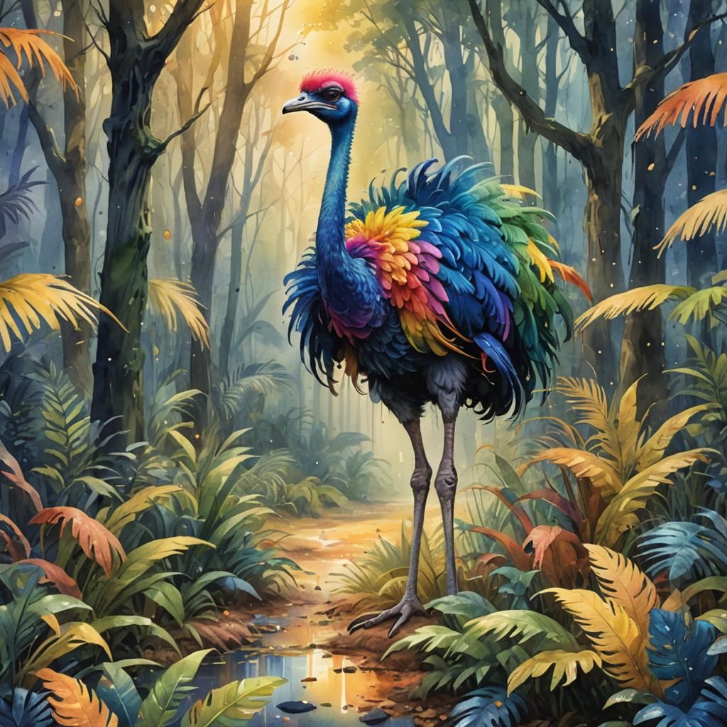 Rainbow Ostrich in Lush Forest, Watercolor Art