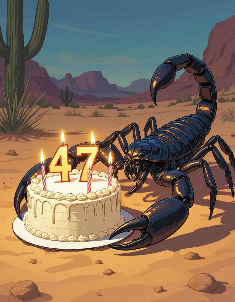 Scorpion Gazes at Birthday Cake in Desert