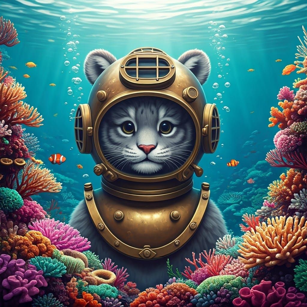 Whimsical Tiger Explores Vibrant Coral Reef in Distressed Br...