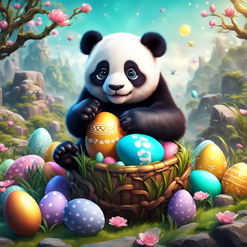 Panda's Happy Easter Banner in Detailed Matte Painting