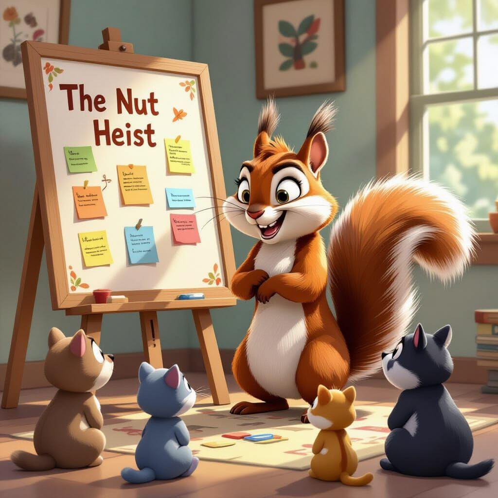 Mischievous Squirrel's Nut Heist Plan, Pixar Style