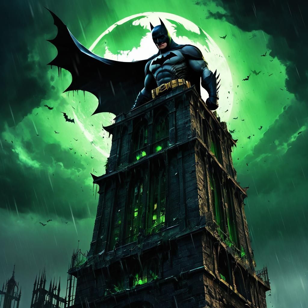 Batman on Arkham Tower: Gothic Noir Digital Painting