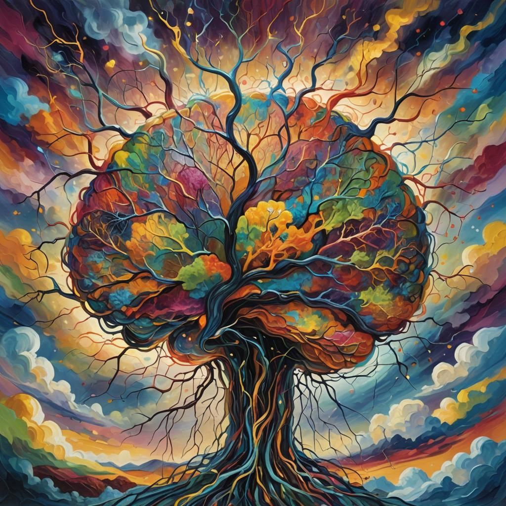 Wise Brain with Colorful Neurons in Neo-Impressionist Style