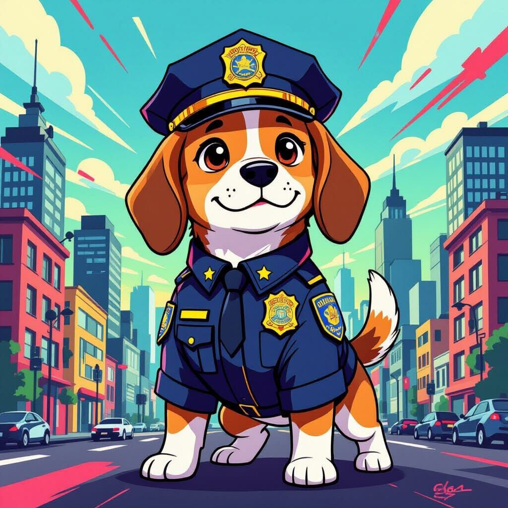 Beagle in Police Uniform, Anime Cartoon Style