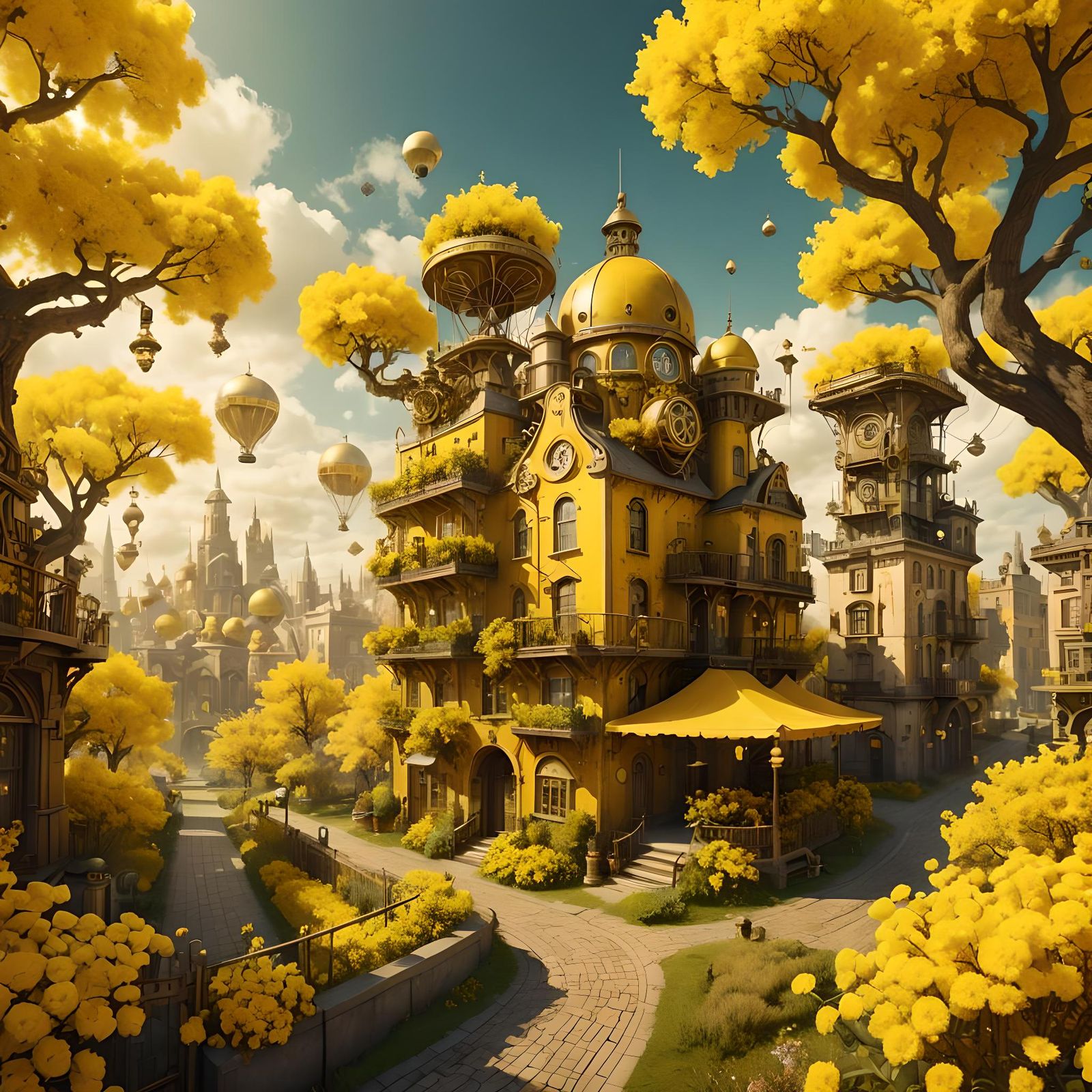 Surreal Yellow Steampunk Cityscape