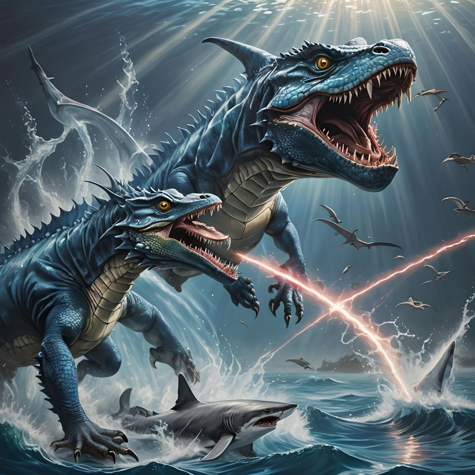Laser Shark vs Blue Dragon in Hyperrealism