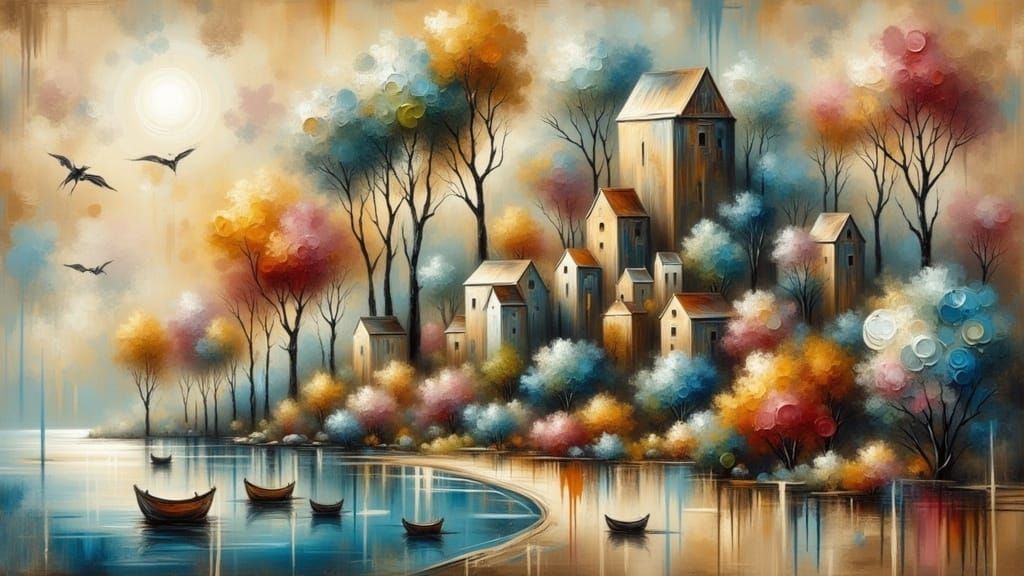 Whimsical Abstract Landscape with Textured Leaves and Houses