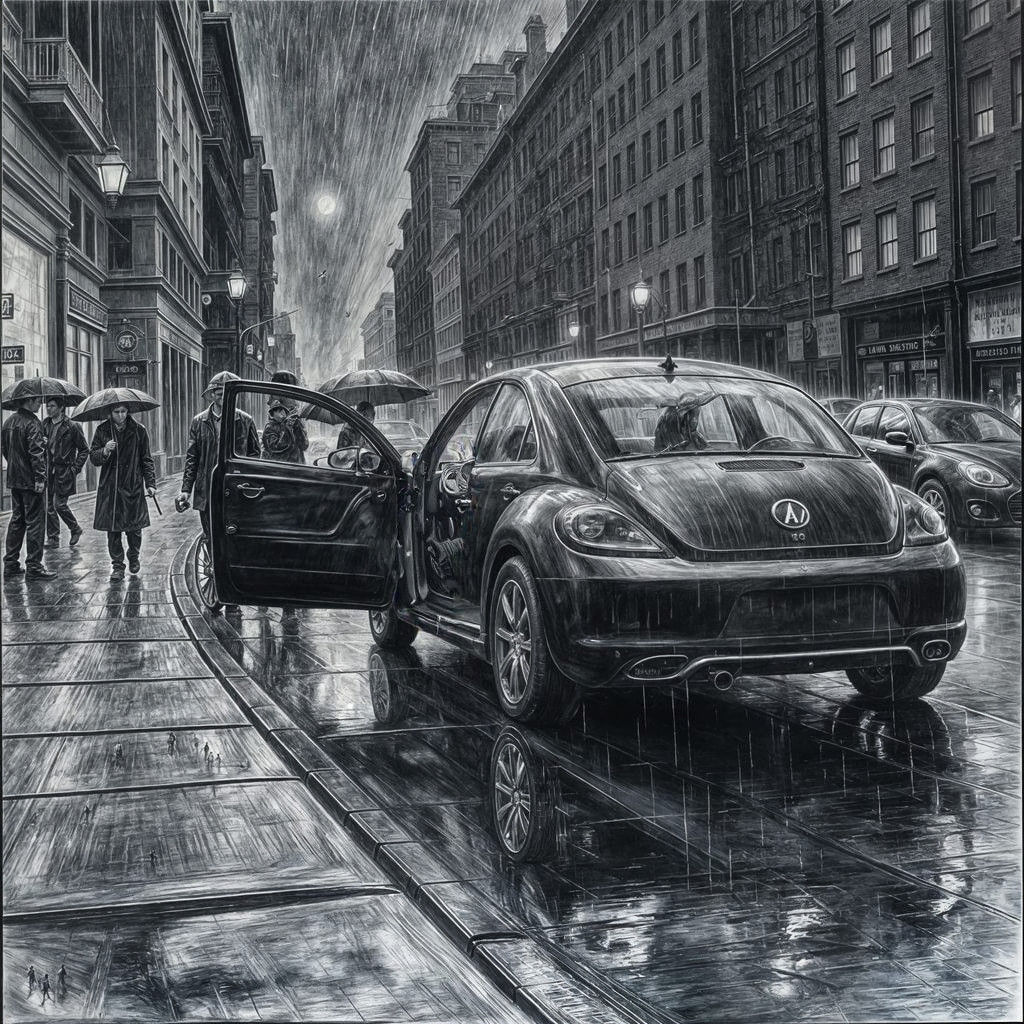 Rainy Street Scene with Hyperdetailed Bug