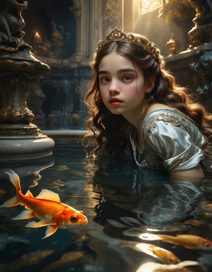 Baroque Princess Admires Golden Beauty in Marble Pool