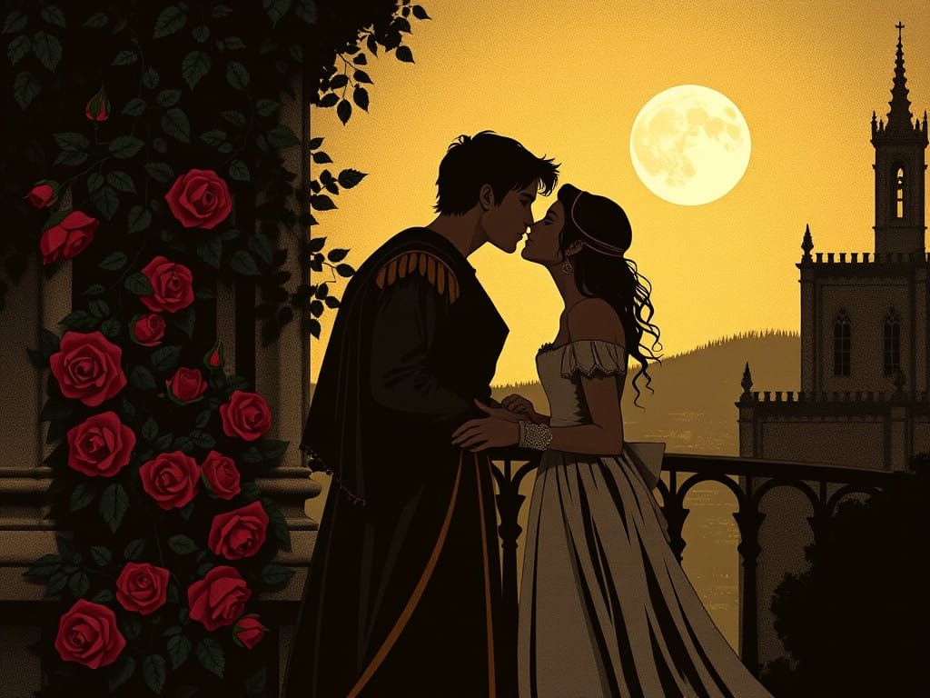 Gothic Romance in Art Nouveau Style: Medieval Dressed Young....