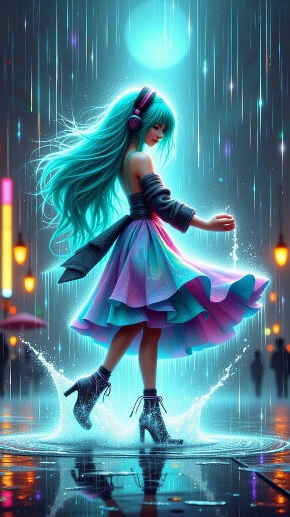 Hatsune Miku in a Cyberpunk Downpour, Fantastical Matte Pain...