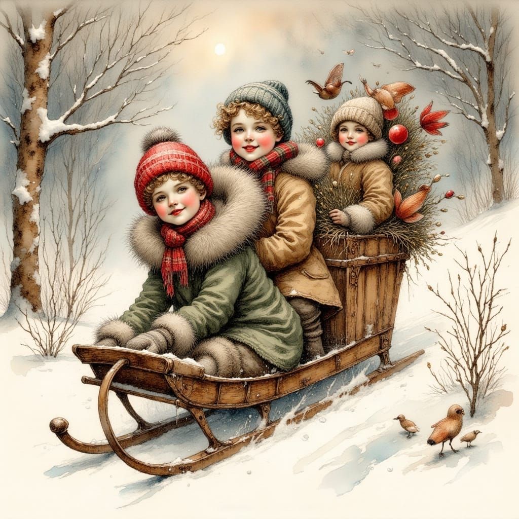 Children Sledding Downhill in Vintage Style