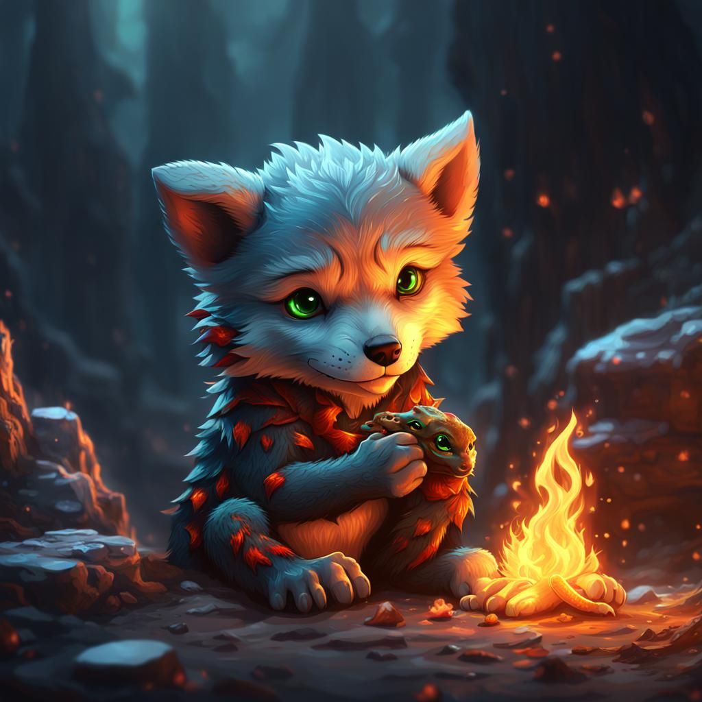 Sad Wolf Cub with Fire Lizard: Fantasy Concept Art