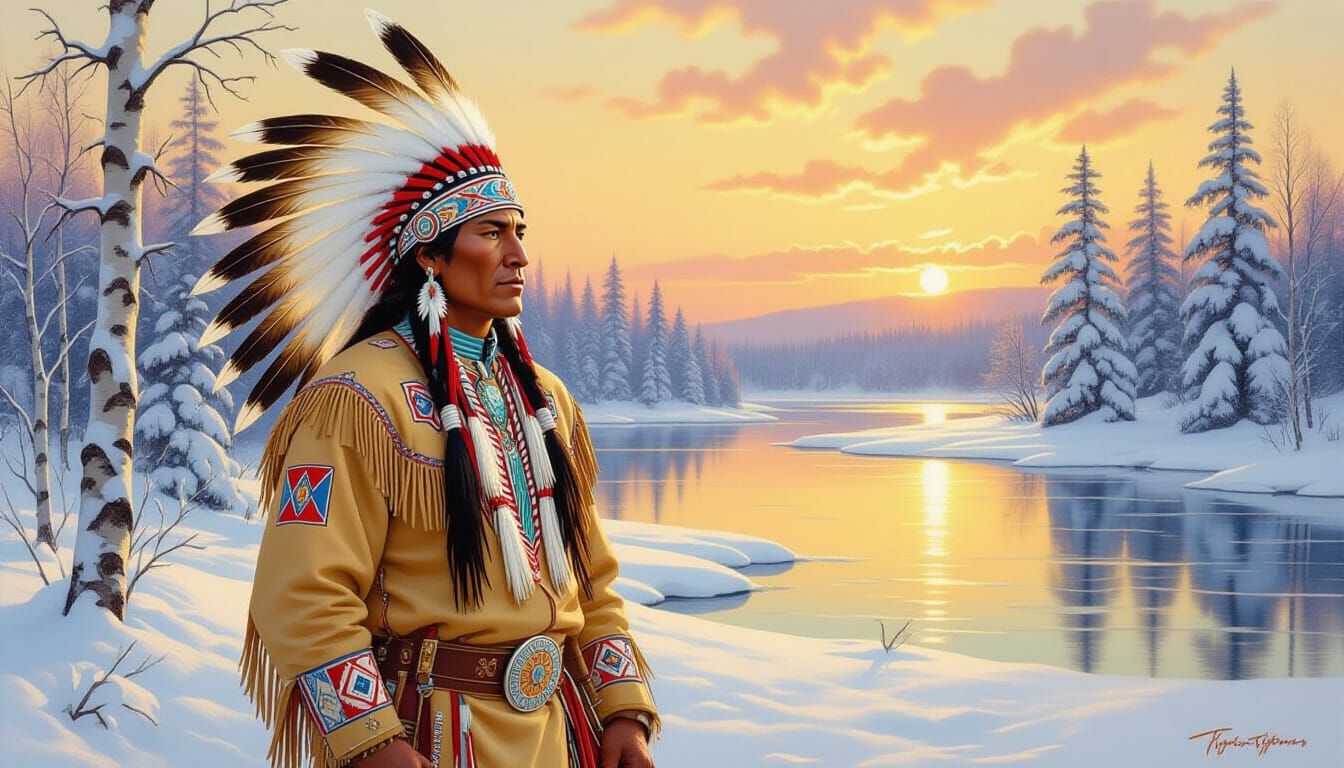 Native American Warrior in Winter Landscape Painting