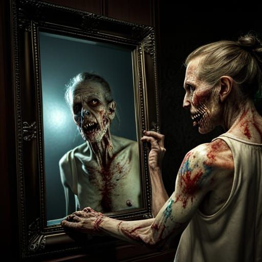 undead zombie looking in the mirror