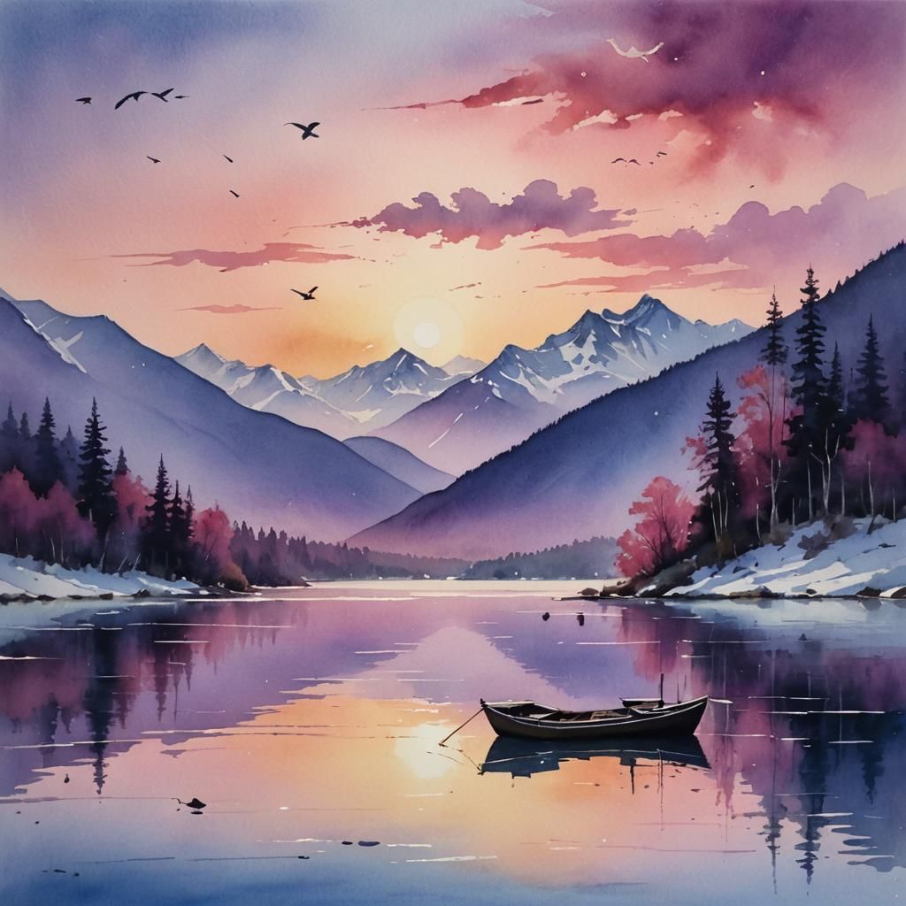 Watercolor Fishing Boat on Lake at Sunset