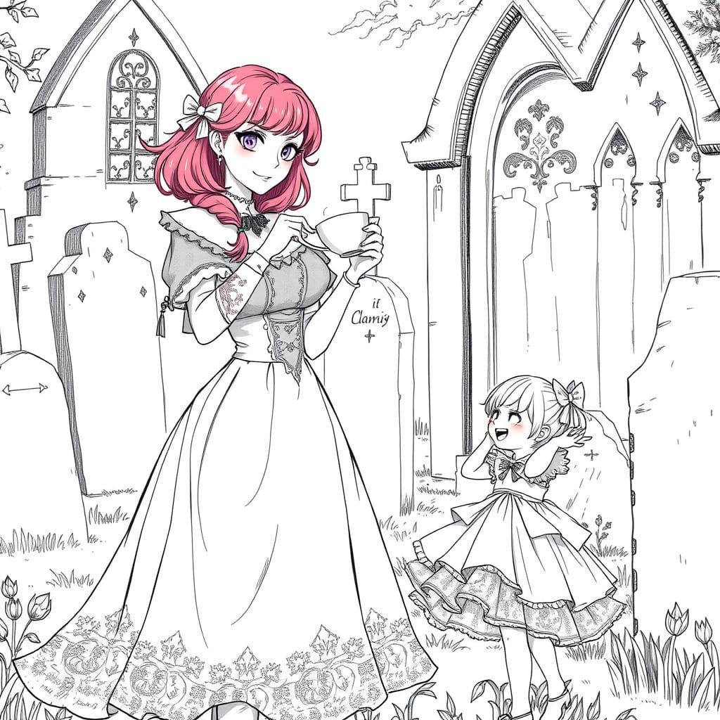 Victorian Gothic Summer Tea Party in Black and White Line Ar...