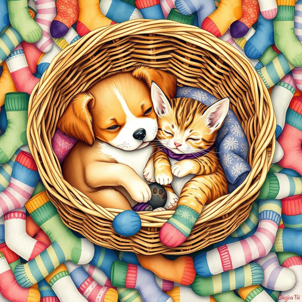 Dog and Kitten Napping in Socks, Watercolor Illustration