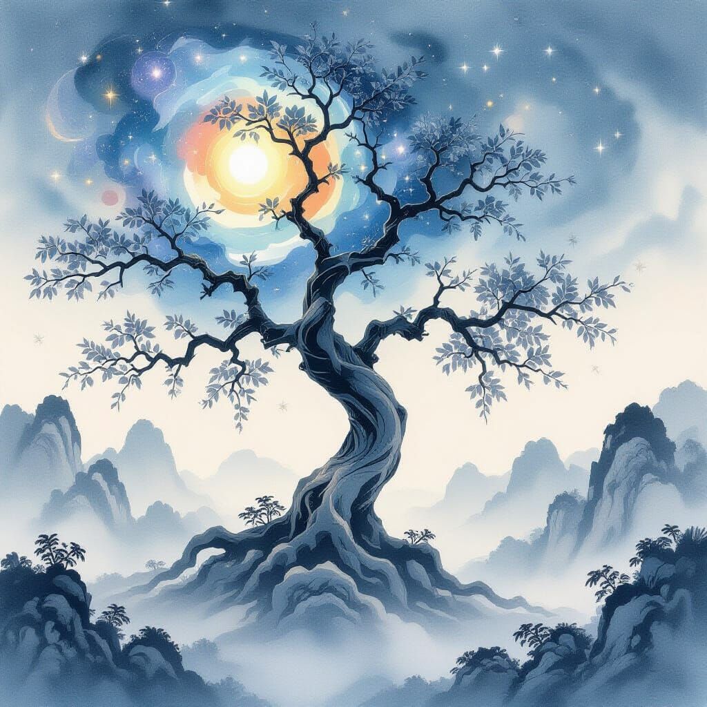 Chinese Watercolor Tree of Life as Celestial Ink Painting