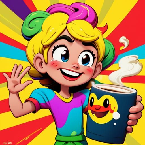 Vibrant Cartoon Coffee Cup with Smiling Face