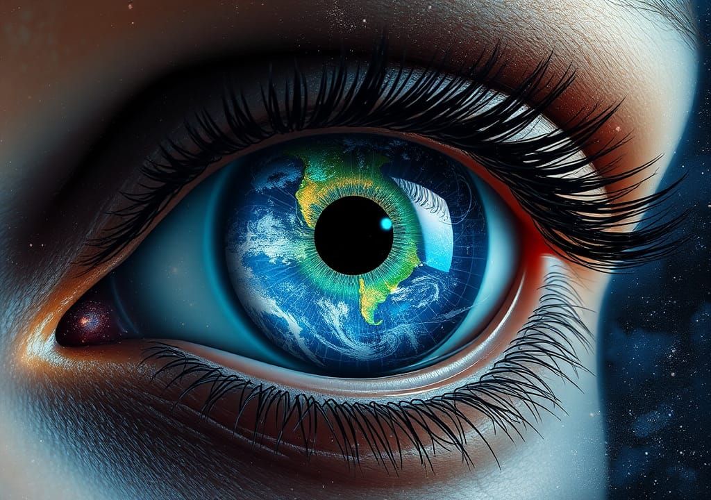 Eye Reflecting Earth: Cosmic Holographic Illustration