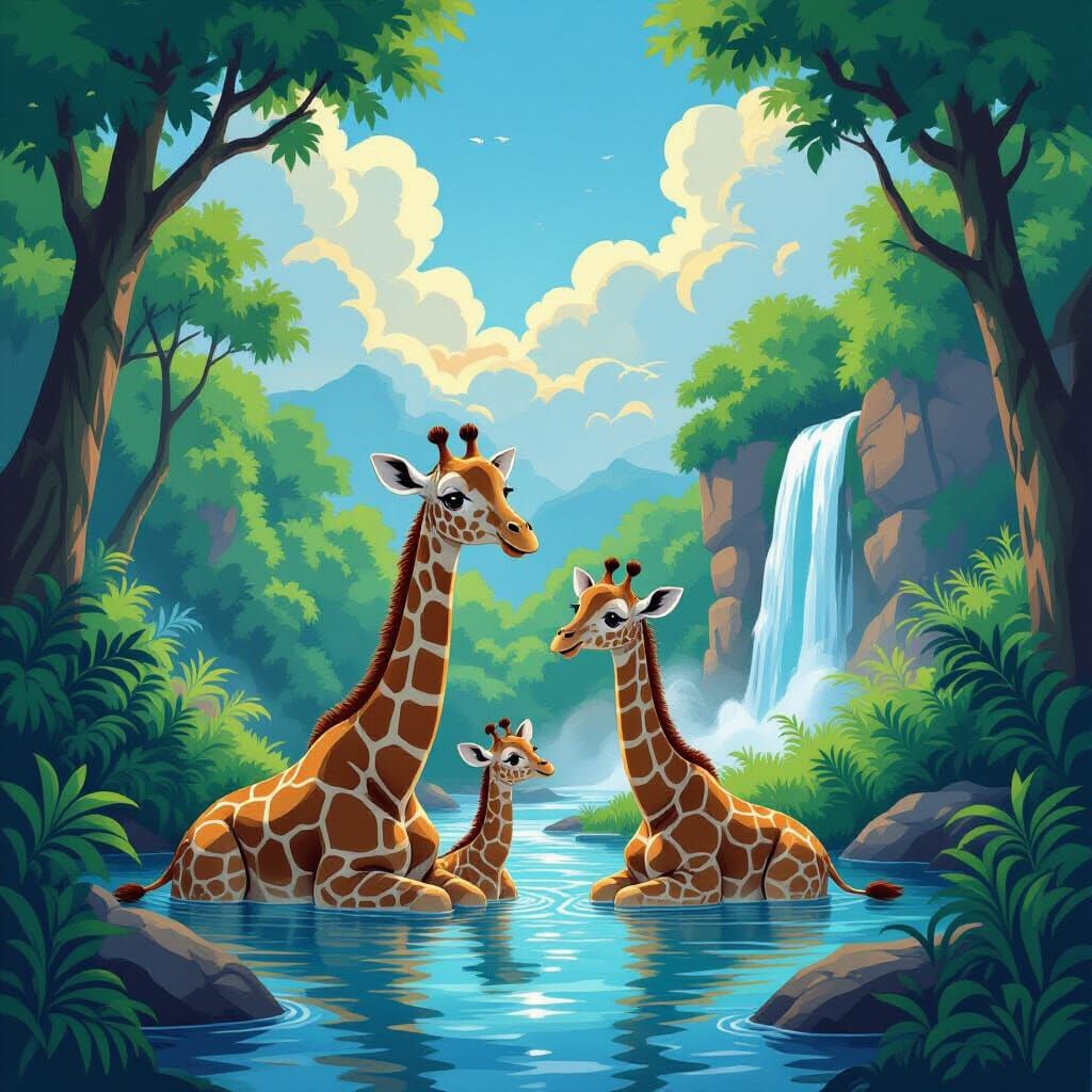 Baby Giraffe Family by Waterfall in Lush Jungle