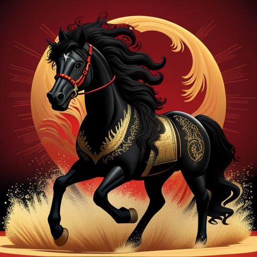 Black Stallion with Golden Mane Emerging from Cloud