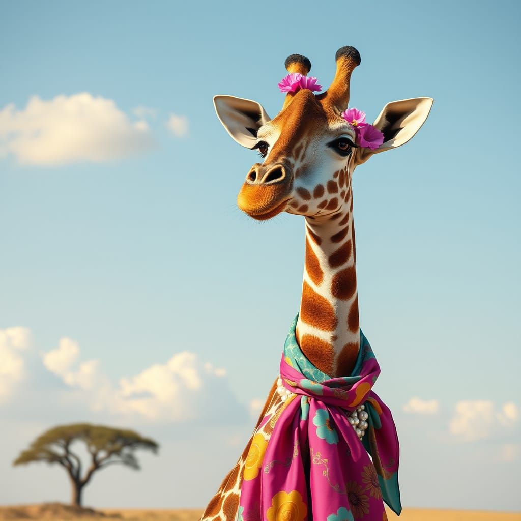 Glamorous Giraffe with Pearl Necklace and Gold Earrings