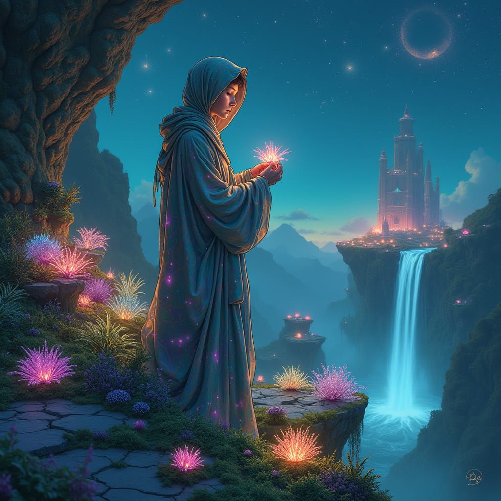 Ethereal Botanist Tends to Bioluminescent Flora in a Surreal...