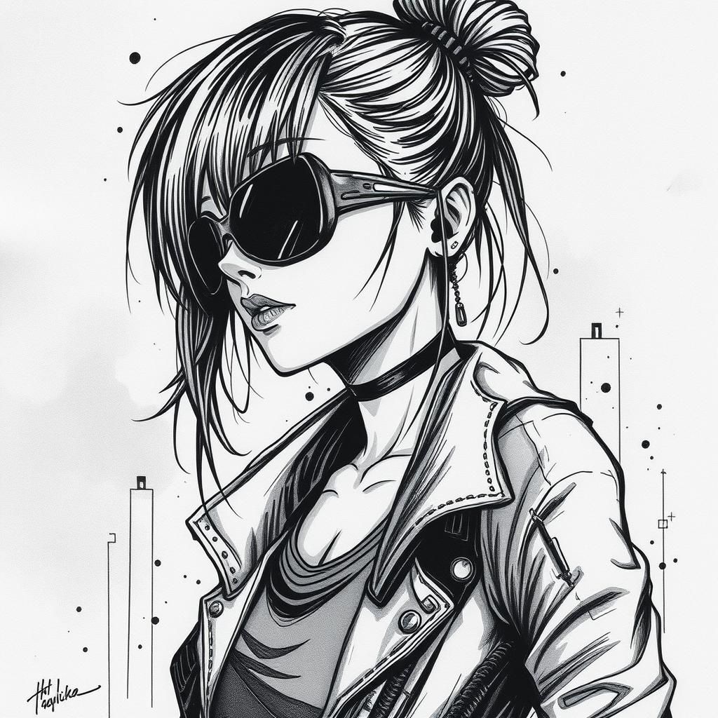 Cyberpunk Girl in Ink and Charcoal Style