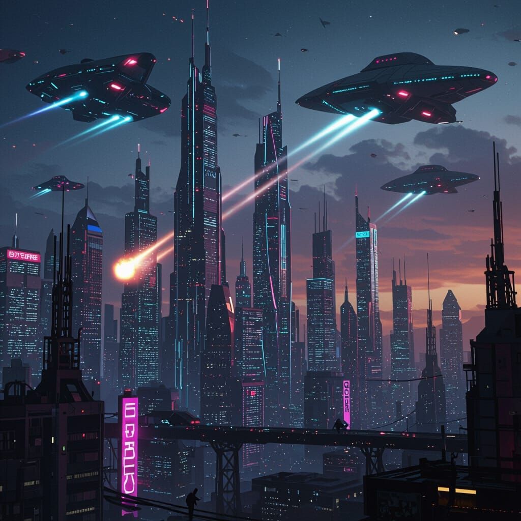 Cyberpunk Cityscape Under Alien Attack