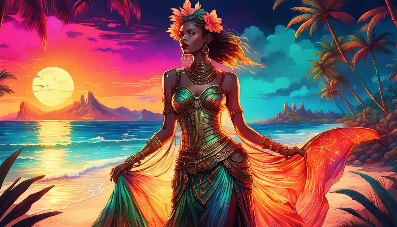Steampunk Woman on Tropical Beach with Neon Lights